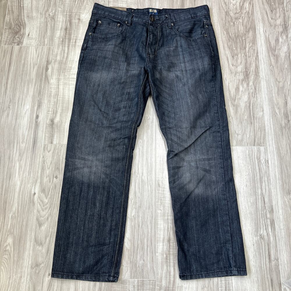 FUSAI Men's Y2K Straight Leg Jeans Dark Wash Embroidered Pockets Size 36